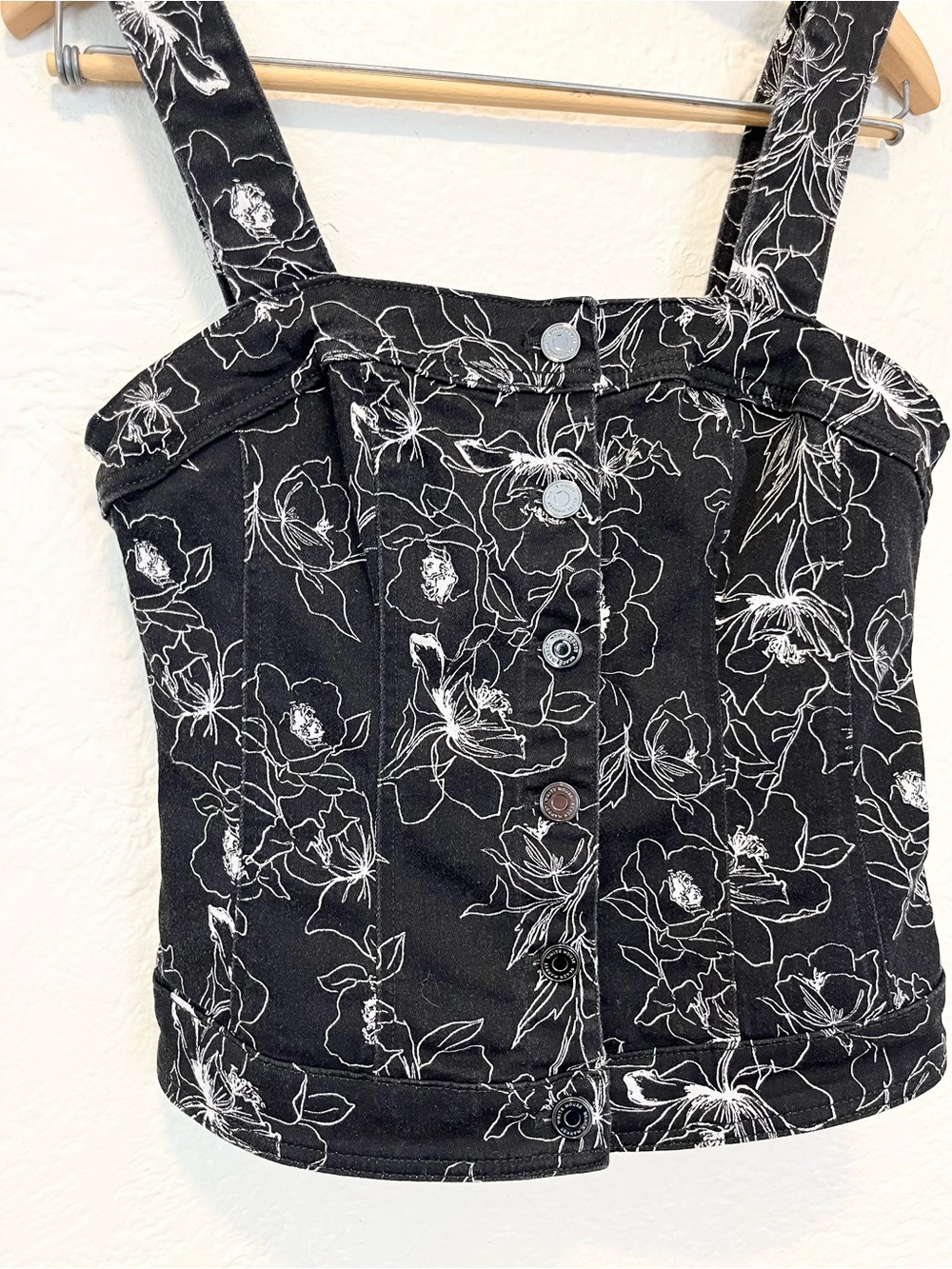 White House Black Market Denim Corset Top Black White Floral 2 - Picture 2 of 5